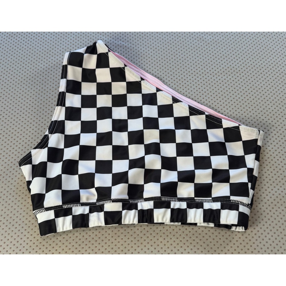 Brittany Allen Peloton Black White Checkered One Shoulder Crop Top Sports Bra S
